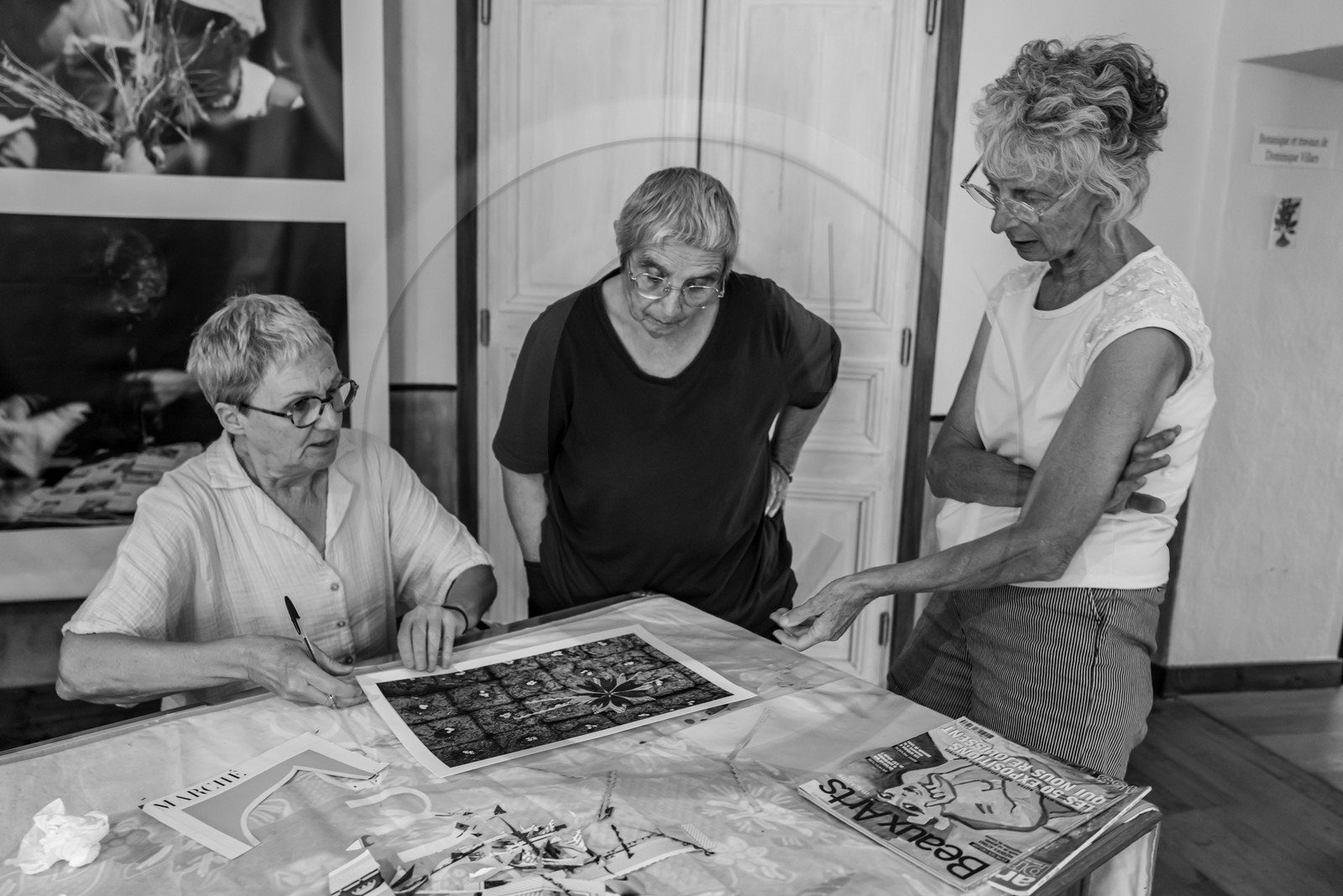 28 août 2024 : A la Maison de la Botanique du Noyer en Champsaur. Visite de l'exposition L comme laine, lien, lieu. Lectures par Les Colporteurs. Collages sur les photographies de Denis Lebioda