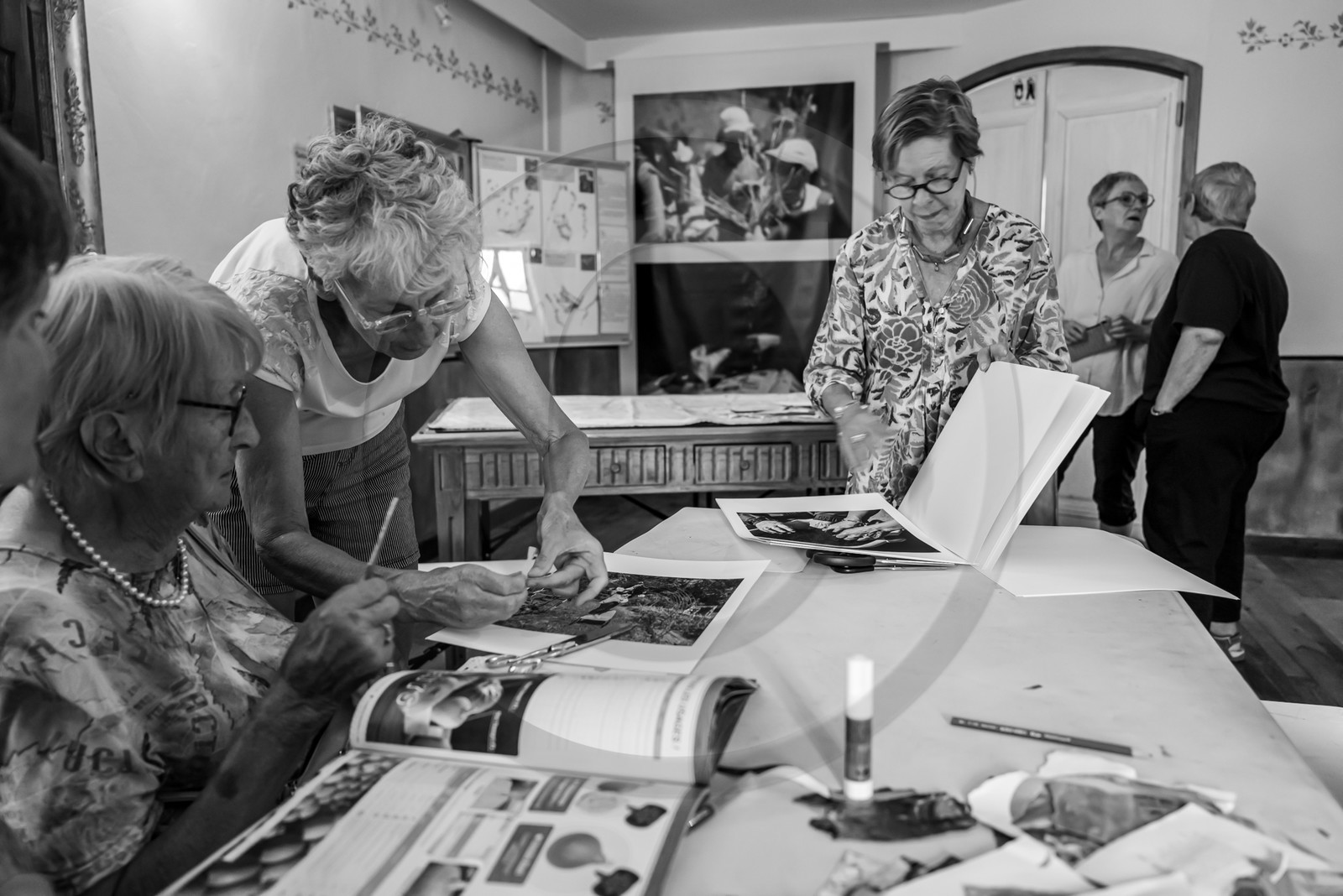 28 août 2024 : A la Maison de la Botanique du Noyer en Champsaur. Visite de l'exposition L comme laine, lien, lieu. Lectures par Les Colporteurs. Collages sur les photographies de Denis Lebioda