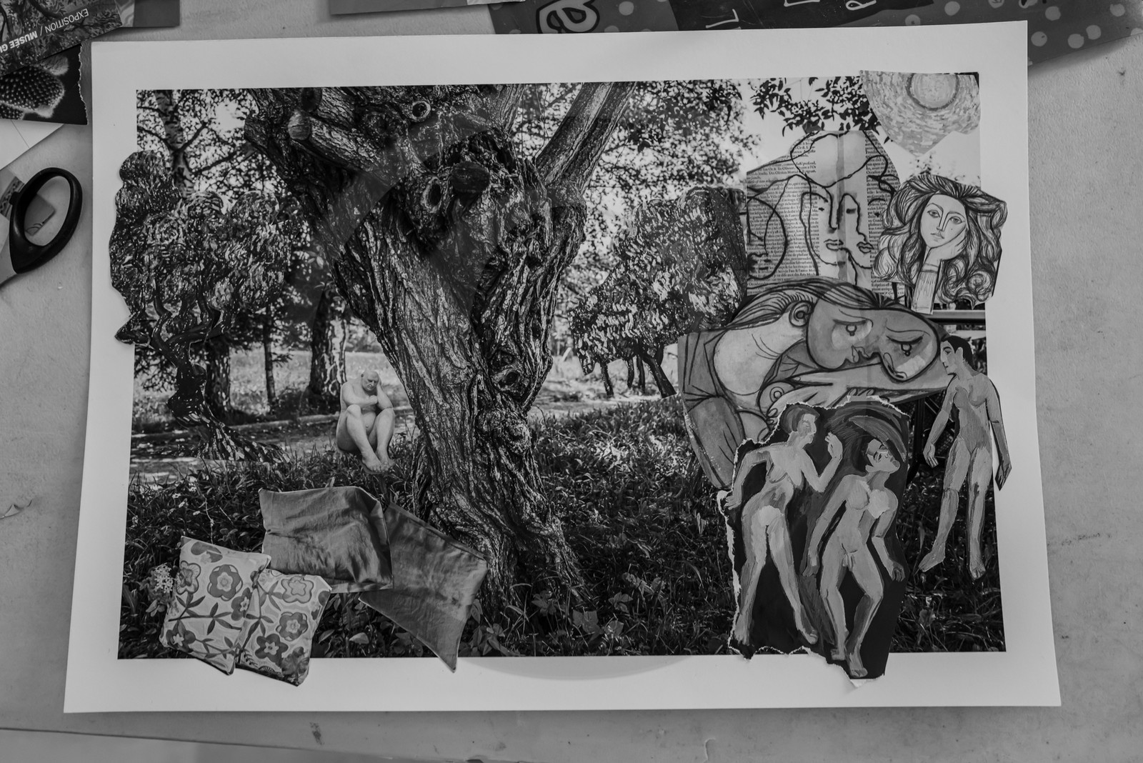 28 août 2024 : A la Maison de la Botanique du Noyer en Champsaur. Visite de l'exposition L comme laine, lien, lieu. Lectures par Les Colporteurs. Collages sur les photographies de Denis Lebioda